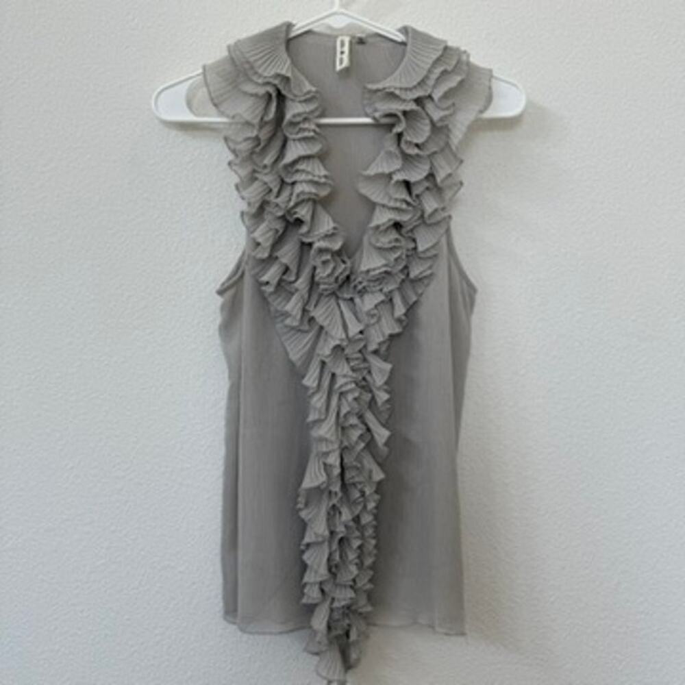 ROBBI & NIKKI Ruffle Front Blouse Sleeveless Pleated Gray‎ Romantic Feminine L